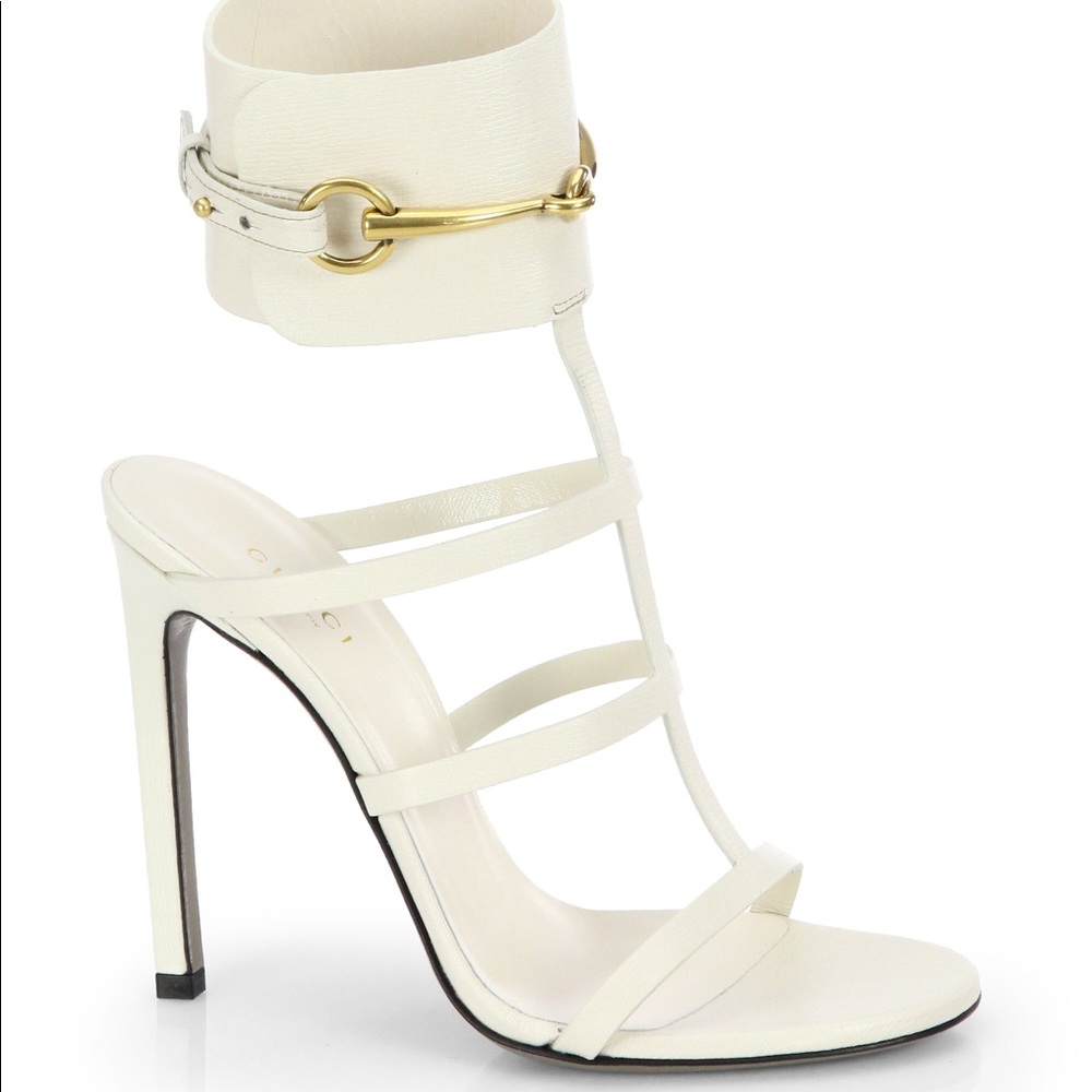 Gucci Cream Leather Strappy Stiletto Sandals with Gold Horsebit Ankle Cuff